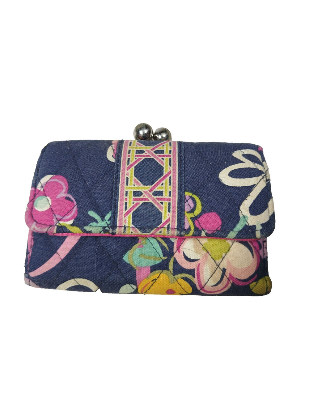 Vera Bradley Kisslock Tri-Fold Wallet Blue Pink Ribbon Floral Design Quilted